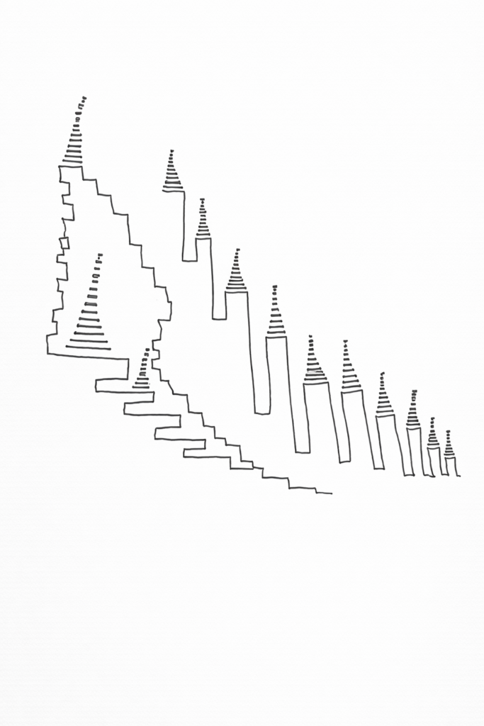 Ascending tower lines, an ink line drawing by Komal Gupta of descending stepped towers