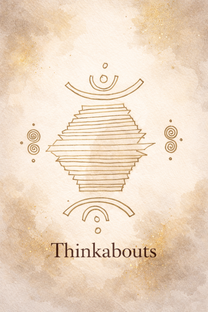 The Thinkabouts, a gold line drawing by Komal Gupta on parchment