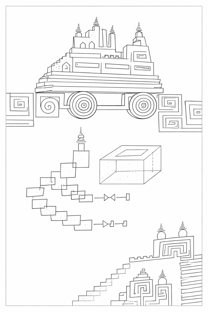 The Temple Connections, a fine ink line drawing by Komal Gupta of temples, wheels and spiral motifs