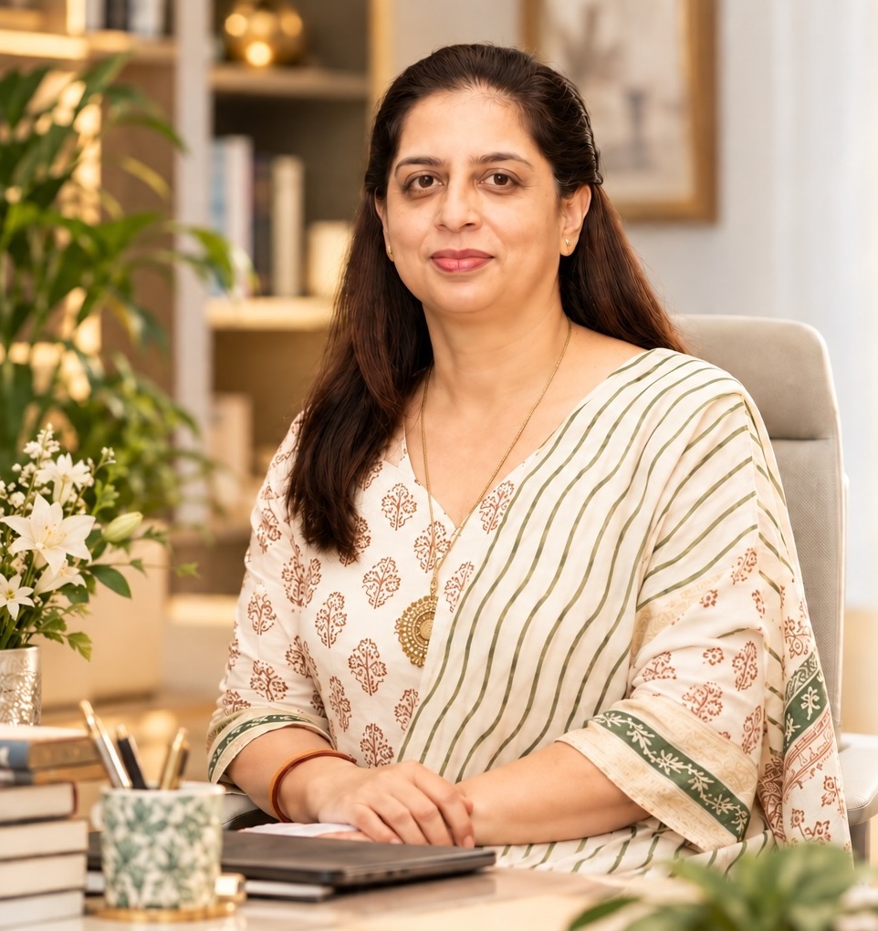 Komal Gupta, poet and writer, seated at her desk among books and flowers